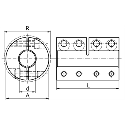 Geteilte Schalenkupplung MAT beidseitig Bohrung 5mm ohne Nut Stahl C45 brüniert mit Schrauben DIN 912-12.9 , Technische Zeichnung