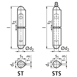 Scharnier M128 aus Stahl, zum Anschweißen, Form STS, l=150mm, Technische Zeichnung