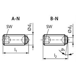 Kugeldruckschraube Edelstahl Form B-N M10 x 12mm , Technische Zeichnung