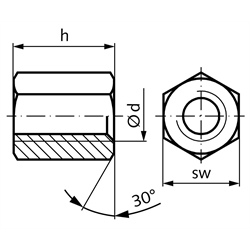 Sechskantmutter mit Trapezgewinde DIN 103 Tr. 28 x 5 eingängig rechts Länge 42mm Schlüsselweite 46mm Material 1.4305 , Technische Zeichnung