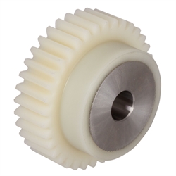Stirnzahnrad aus Kunststoff PA12G weiß (naturfarben) mit Stahlkern Modul 1,5 45 Zähne Zahnbreite 17mm Außendurchmesser 70,5mm, Produktphoto