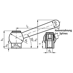 Verstellbarer Kegelgriff 119 aus Stahl brüniert Form N Kugeldurchmesser 16mm , Technische Zeichnung