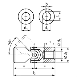 Einfach-Wellengelenk WEL ähnlich DIN808 beidseitig Bohrung 14H7 mit Nut DIN 6885-1 Toleranz JS9, Technische Zeichnung
