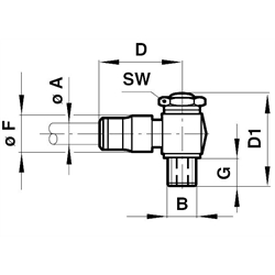 Winkel-Schwenkverbindung mit Drosselrückschlagventil Einsatz auf der Abluftseite mit Dichtring Rohr-Außendurchmesser 10mm Gewinde G1/4A , Technische Zeichnung