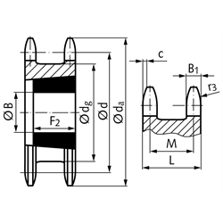 Doppel-Kettenrad ZRET für 2 Einfach-Rollenketten 16 B-1 1"x17,02mm 13 Zähne Material Stahl für Taper-Spannbuchse 1615, Technische Zeichnung