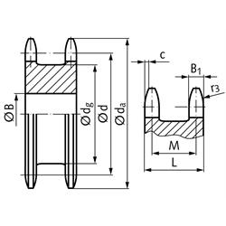 Doppel-Kettenrad ZREG für 2 Einfach-Rollenketten 12 B-1 3/4x7/16" 15 Zähne Material Stahl Zähne gehärtet, Technische Zeichnung