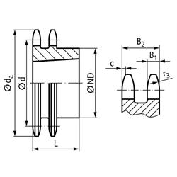 Zweifach-Kettenrad ZRT 10 B-2 5/8x3/8" 22 Zähne Material Stahl für Taper-Spannbuchse Typ 1610 , Technische Zeichnung