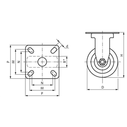 Apparaterolle mit Lochplatte TPE-Rad Gummi grau leichte Ausführung Bockrolle Rad-Ø 75 elektrisch leitfähig, Technische Zeichnung