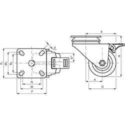 Apparaterolle mit Lochplatte TPE-Rad Gummi grau Doppellenkrolle mit Feststeller Rad-Ø 75, Technische Zeichnung