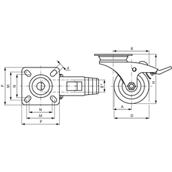 Apparaterolle mit Lochplatte TPE-Rad Gummi grau leichte Ausführung Lenkrolle mit Feststeller Rad-Ø 50 elektrisch leitfähig, Technische Zeichnung