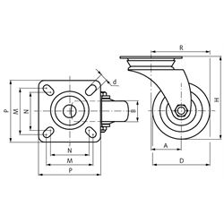 Apparaterolle mit Lochplatte TPE-Rad Gummi grau leichte Ausführung Lenkrolle Rad-Ø 50, Technische Zeichnung