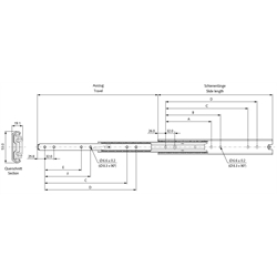 Auszugschienensatz DS 5334 Schienenlänge 300mm rostfreier Stahl 1.4301, Technische Zeichnung