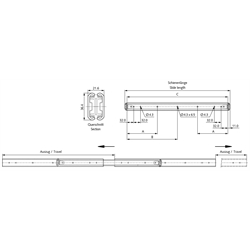 Auszugschienensatz DZ 3630 Schienenlänge 700mm hell verzinkt, Technische Zeichnung