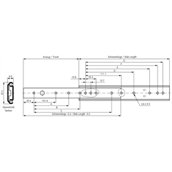 Auszugschienensatz DZ 0201 Schienenlänge 609,6mm hell verzinkt, Technische Zeichnung