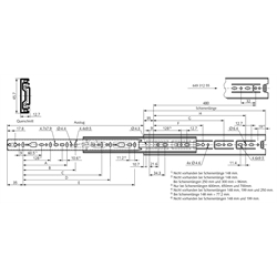 Auszugschienen DZ 3832, Breite 12,7 mm, bis 50 kg, Vollauszug, Technische Zeichnung