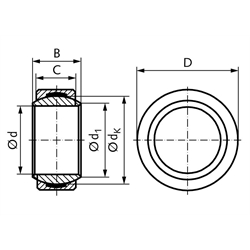Radial-Gelenklager DIN ISO 12240-1-E Reihe GE..UK wartungsfrei Bohrung 60mm Außendurchmesser 90mm, Technische Zeichnung
