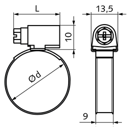 Schlauchschelle DIN 3017 A Typ W1 Stahl verzinkt Spannbereich 20-32mm Bandbreite 9mm, Technische Zeichnung