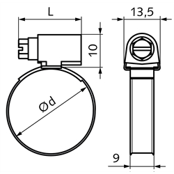 Schlauchschelle DIN 3017 A Typ W4 Edelstahl 1.4301 Spannbereich 20-32mm Bandbreite 9mm, Technische Zeichnung