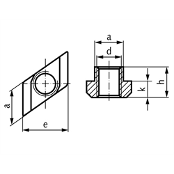 Mutter DIN 508 Rhombus für T-Nut 20mm DIN 650 Gewinde M16 Güteklasse 10, Technische Zeichnung