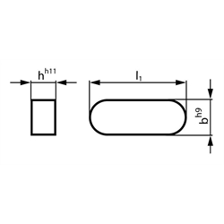 Passfeder DIN 6885-1 Form A 5 x 5 x 30 mm Material 1.4571, Technische Zeichnung