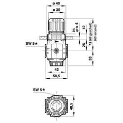 Druckregler mit Überdrucksicherung Anschluss G1/4 , Technische Zeichnung