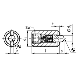Federndes Druckstück M12 mit Bolzen aus POM und Innensechskant Edelstahl 1.4305, Technische Zeichnung