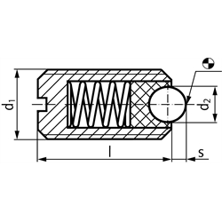 Federndes Druckstück M8 mit beweglicher Kugel und Schlitz Stahl brüniert, Technische Zeichnung