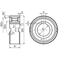 Einbau-Freilauf TFS-15 Innen-Ø 15mm Außen-Ø 42mm Breite 18mm mit Nut am Innenring und radialen Nuten am Außenring, Technische Zeichnung
