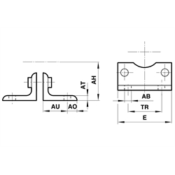 Fußbefestigungssatz für Zylinderdurchmesser 32mm 2 Winkel und 4 Schrauben, Technische Zeichnung