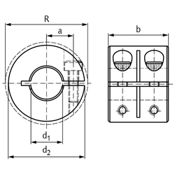 Geschlitzter Klemmring breit Edelstahl 1.4305 Bohrung 50mm mit Schrauben DIN 912 A2-70 , Technische Zeichnung