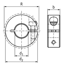 Geschlitzter Klemmring aus Aluminium eloxiert Bohrung 24mm mit Schraube DIN 912 A2-70 , Technische Zeichnung