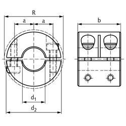 Geteilter Klemmring breit Stahl C45 brüniert Bohrung 16mm mit Schraube DIN 912 12.9, Technische Zeichnung