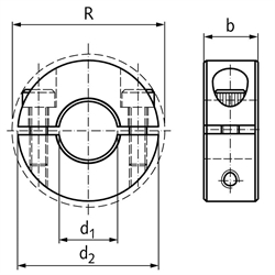 Geteilter Klemmring Edelstahl 1.4305 Bohrung 2,25 Zoll = 57,15mm mit Schrauben DIN 912 A2-70, Technische Zeichnung
