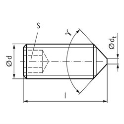 Gewindestift ISO 4027 (ex DIN 914) mit Innensechskant und Spitze Edelstahl A2 M12 x 16mm, Technische Zeichnung