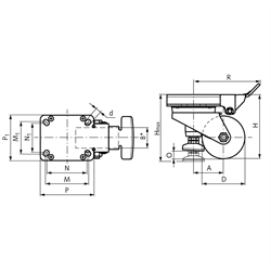 Premium-Heberollen mit Lochplatte, mit ortsfestem Hebel, Lauffläche Polyurethan, Technische Zeichnung