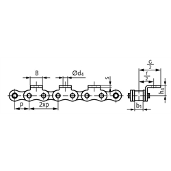 Winkellaschen-Rollenkette 12 B-1-K1, 2xp mit einseitigen schmalen Winkellaschen mit 1 Befestigungsbohrung am Aussenglied im Abstand 2xp , Technische Zeichnung
