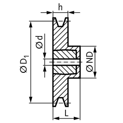 Keilriemenscheibe aus Aluminium Profil XPZ, SPZ und Z (10) 1-rillig Nenndurchmesser 80mm, Technische Zeichnung