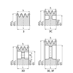 Keilriemenscheiben aus Aluminium-Guss, Profil B, SPB und XPB (17), 3-rillig, Technische Zeichnung