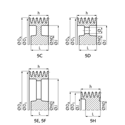Keilriemenscheiben aus Aluminium-Guss, Profil B, SPB und XPB (17), 5-rillig, Technische Zeichnung