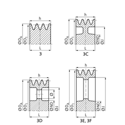 Keilriemenscheiben aus Aluminium-Guss, Profil Z, SPZ und XPZ (10), 3-rillig, Technische Zeichnung