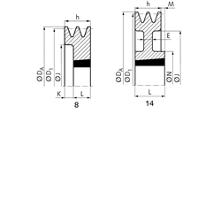 Keilriemenscheiben für Taper-Spannbuchsen, Profil B, SPB und XPB (17), 2-rillig, Technische Zeichnung