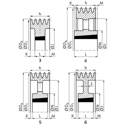 Keilriemenscheiben für Taper-Spannbuchsen, Profil C, SPC und XPC (22), 4-rillig, Technische Zeichnung