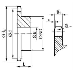 Kettenrad KRS mit einseitiger Nabe 16 B-1 1"x17,02mm 38 Zähne Mat. Stahl , Technische Zeichnung