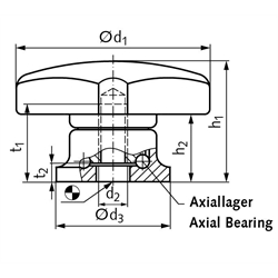 Kreuzgriff mit Axiallager aus Thermoplast Durchmesser 50mm , Technische Zeichnung