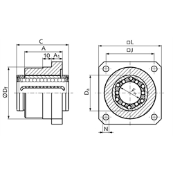 Linearlagereinheit KG-3-F ISO-Reihe 3 mit Linear-Kugellager mit Winkelausgleich mit Doppellippendichtung für Wellen-Ø 12mm, Technische Zeichnung
