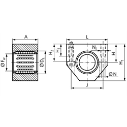 Linearkugellagereinheit KG-1 ISO-Reihe 1 Premium mit Deckscheiben für Wellendurchmesser 50mm, Technische Zeichnung