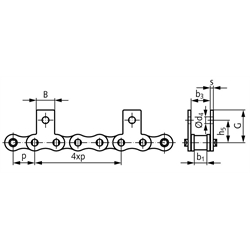 Flachlaschen-Rollenkette 12 B-1-M1, 4xp mit beidseitigen schmalen Flachlaschen mit 1 Befestigungsbohrung am Aussenglied im Abstand 4xp , Technische Zeichnung