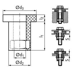 Schnellbefestigungselement MAED-FLEX Werkstoff Chloroprene (CR) 75 +/-5°ShA d2=7mm Gewinde M3, Technische Zeichnung