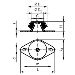Maschinenfuß ohne Abreisssicherung Durchm. 77mm Höhe 30mm Gewinde M10 Flansch oval, Technische Zeichnung