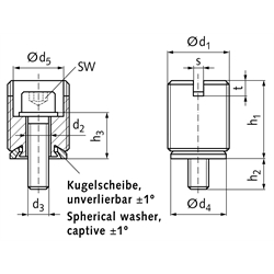 Präzisions-Nivellierelement mit unverlierbarer Kugelscheibe Edelstahl Einstellgewinde M24x1,5, Technische Zeichnung